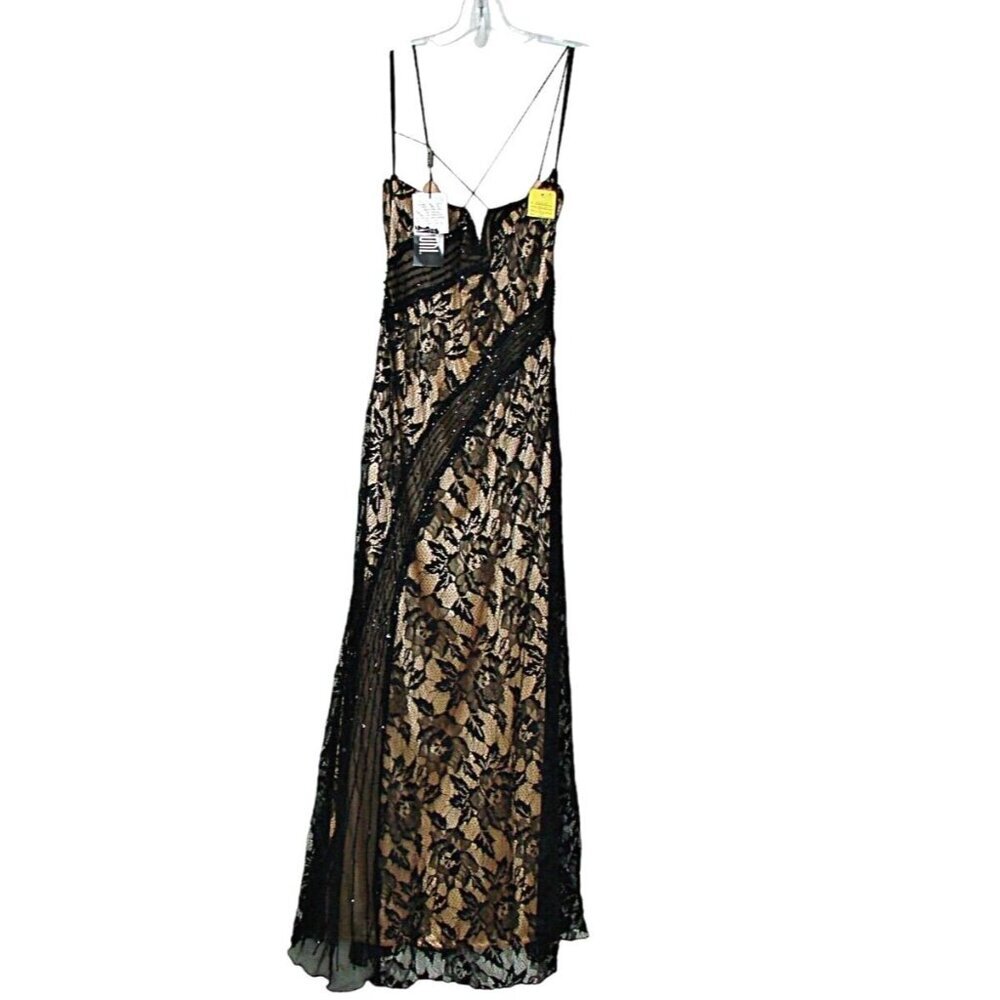 NEW Marsoni Dress Sz 14 Black Nude Floral Lace Sequin Thin Strap Cross Back NWT
